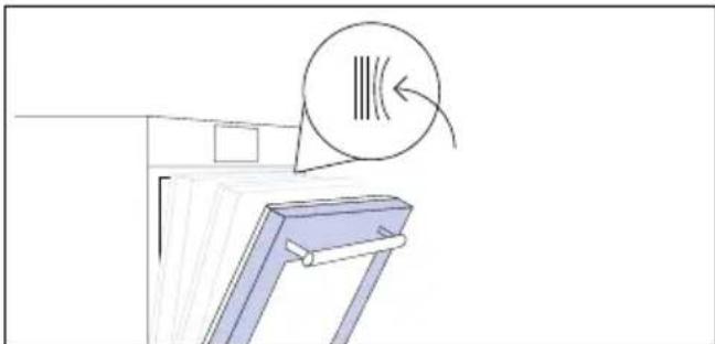Simple line drawing of a window with a circular icon and arrow, no text or symbols present