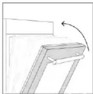 Simple line drawing of a mechanical bracket with an arrow indicating rotation (no text or symbols)