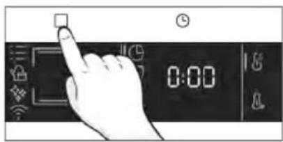Hand interacting with a digital control panel showing time display and function icons