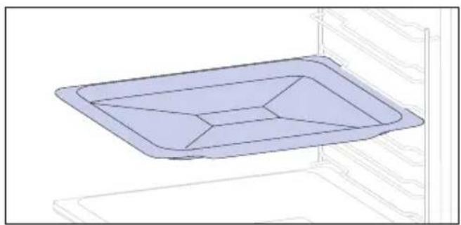 3D diagram of a rectangular tray with internal geometric lines, placed inside an oven (no text or symbols)