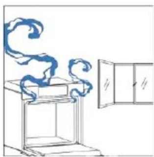Simple line drawing of a cabinet with swirling smoke and a door (no text or symbols)