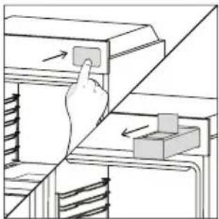 Illustration of a hand pressing a button on a cabinet shelf with arrows indicating motion (no text or symbols)