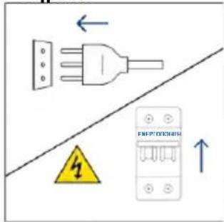 Electrical hazard symbol and circuit diagram showing a plug, warning sign, and fuse with current direction arrows.