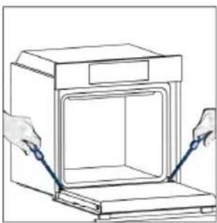 Line drawing of hands installing or adjusting a cabinet interior with blue tools (no text or symbols).