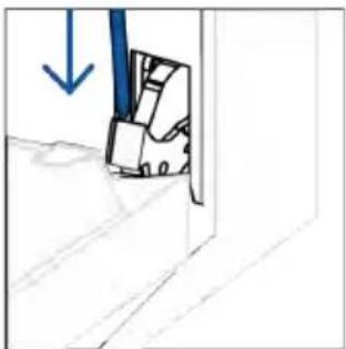 Simple line drawing of a door with a blue arrow pointing downward (no text or symbols).