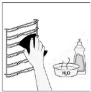 Illustration of a hand cleaning a rack with a cloth, next to a water bottle labeled 'H2O'.