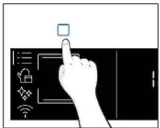 Hand interacting with a digital interface displaying icons for connectivity, security, and smart devices.
