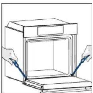 Illustration of hands installing or adjusting a cabinet interior with blue tools (no text or symbols)