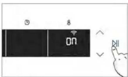 Diagram showing two rectangular panels with icons and a digital display labeled 'ON', accompanied by a hand icon pointing to the right.