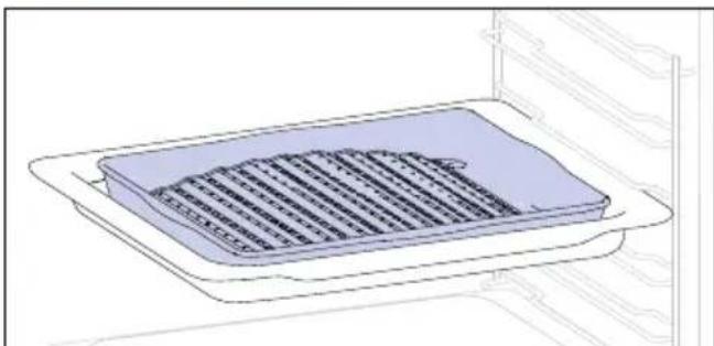 3D technical line drawing of a rectangular appliance with internal grating and ventilation slots, mounted on an oven (no text or symbols)