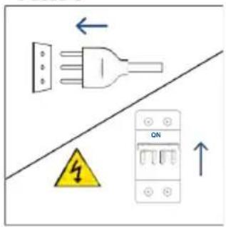 Electrical warning diagram showing a plug connected to an ON panel with a warning symbol and directional arrows.