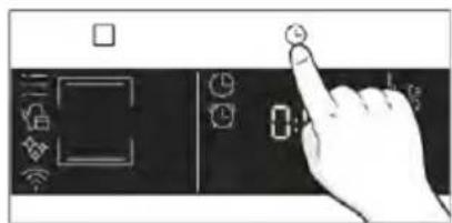 Hand interacting with a touchscreen device showing icons for connectivity, security, and control buttons.