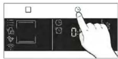 Hand interacting with a touchscreen device showing icons for zoom, lock, and function buttons.