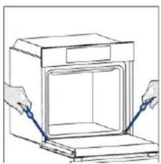 Line drawing of hands installing or adjusting a door panel inside an oven.