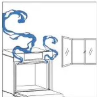 Line drawing of a window with a blue smokestack emitting vapor, next to an open door (no text or symbols)
