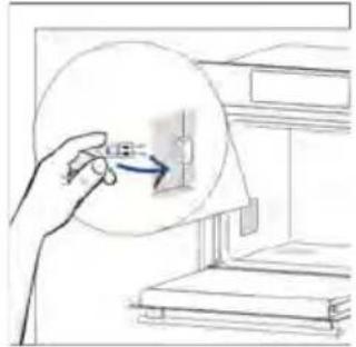 Hand holding a small object with an arrow pointing to it, next to a staircase (no text or symbols visible)