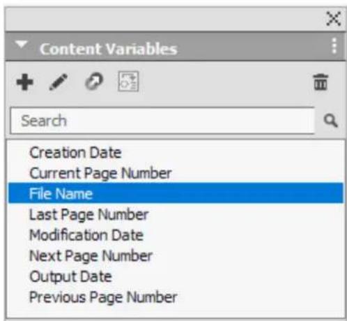 Content Variables Search Creation Date Current Page Number File Name Last Page Number Modification Date Next Page Number Output Date Previous Page Number
