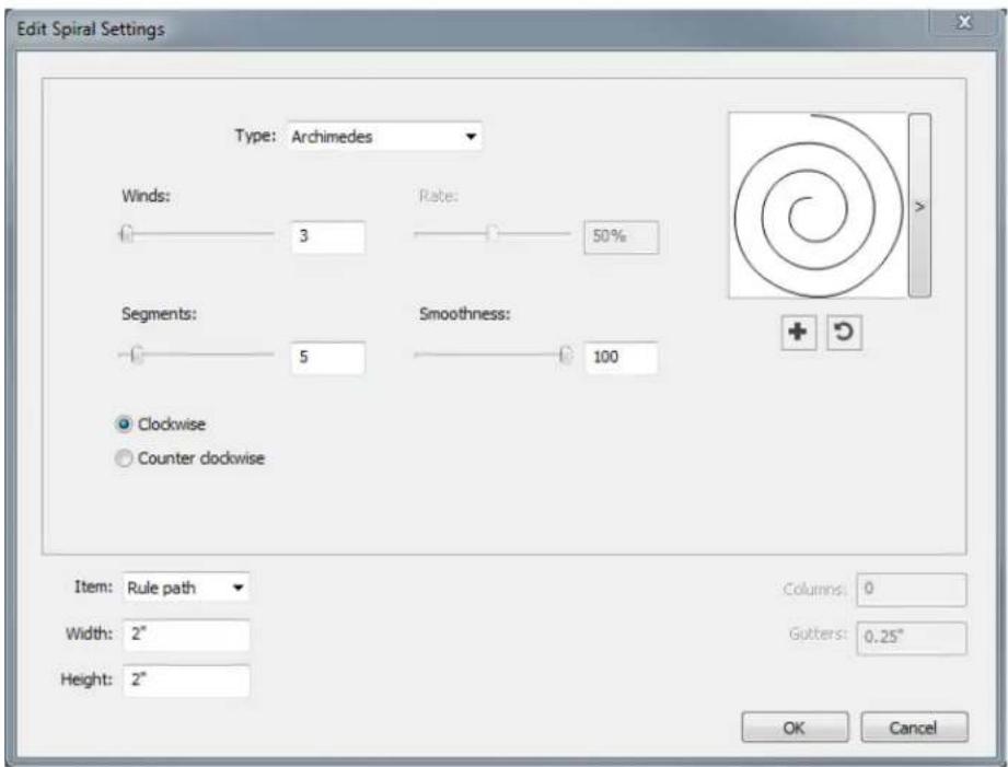 Edit Spiral Settings Type: Archimedes Winds: 3 Rate: 50% Segments: 5 Smoothness: 100 Clockwise Counter clockwise Item: Rule path Width: 2" Height: 2" Columns: 0 Gutters: 0.25° OK Cancel
