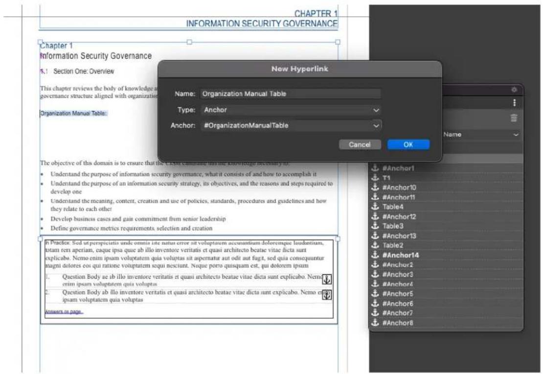 CHAPTER 1 INFORMATION SECURITY GOVERNANCE Chapter 1 Information Security Governance Section One: Overview This chapter reviews the body of knowledge and governance structure aligned with organization Organization Manus Table: New Hyperlink Name: Organization Manual Table Type: Anchor Anchor: #OrganizationManualTable Cancel OK The objective of this domain is to ensure that the C:\Users\calculating this knowledge necessity is... • Understand the purpose of information security governance, what it consists of and how to accomplish it • Understand the purpose of an information security strategy, its objectives, and the reasons and steps required to develop one • Understand the meaning, content, creation and use of policies, standards, procedures and guidelines and how they relate to each other • Develop business cases and gain commitment from senior leadership • Define governance metrics requirements, selection and creation In Practor: Sed ut perspiclata unde omia iste natus error sit voluptatem accuantium doloremque laudantium, totam ren aperiam, eque ipsa quae ab illo inventore veritatis et quasi architecto beatae vitae dicta sunt explicabo. Nemo enim ipsum voluptatem quia voluptas sit aspernatur aut odit aut fugt, sed quia consequuntar magni dolores cos qui ratione voluptatem sequi nesciant. Neque porro quisquam est, qui dolorem ipsum 1. Question Body ae ab illo inventore veritatis et quasi architecto beatae vitae dicta sunt explicabo. Nemo enim ipsum voluptatem quia voluptas 2. Question Body ab illo inventore veritatis et quasi architecto beatae vitae dicta sunt expicabo. Nemo enim ipsum voluptatem quia voluptas answers on page.