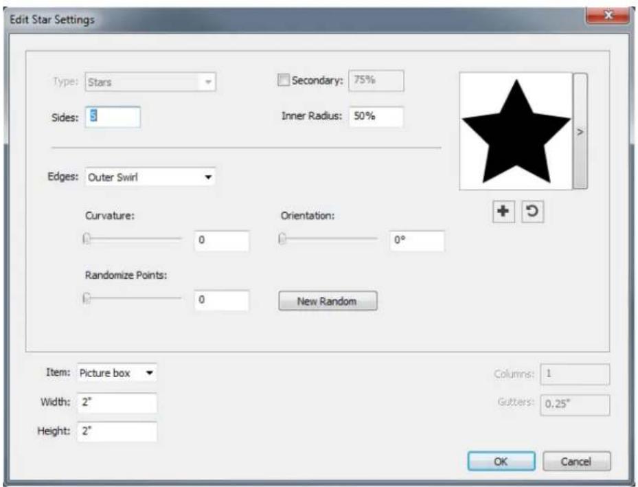 Edit Star Settings Type: Stars Sides: 3 Secondary: 75% Inner Radius: 50% Edges: Outer Swirl Curvature: 0 Orientation: 0° Randomize Points: 0 New Random Item: Picture box Width: 2" Height: 2" Columns: 1 Gutters: 0.25" OK Cancel