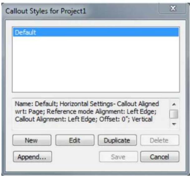 Callout Styles for Project1 Default Name: Default; Horizontal Settings- Callout Aligned wrt: Page; Reference mode Alignment: Left Edge; Callout Alignment: Left Edge; Offset: 0"; Vertical New Edit Duplicate Delete Append... Save Cancel