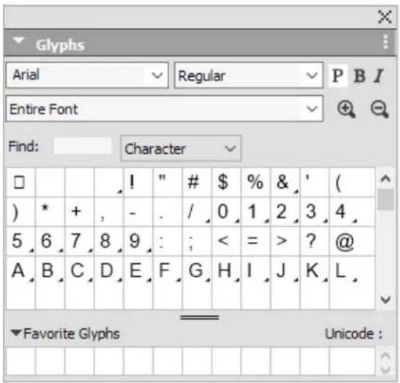 Glyphs Arial Regular P B I Entire Font Find: Character □ ! # $ % & ' ( ) * + , - . / 0 1 2 3 4 5 6 7 8 9 : ; < = > ? @ A B C D E F G H I J K L = Favorite Glyphs Unicode :