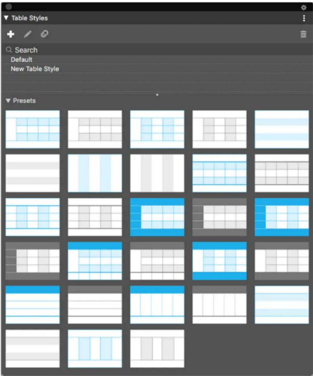 Table Styles Search Default New Table Style Presets