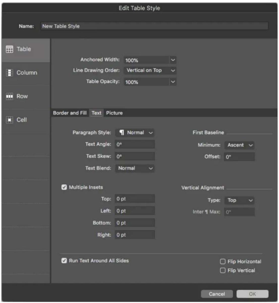 Edit Table Style Name: New Table Style Table Column Row Cell Anchored Width: 100% Line Drawing Order: Vertical on Top Table Opacity: 100% Border and Fill Text Picture Paragraph Style: Normal Text Angle: 0° Text Skew: 0° Text Blend: Normal First Baseline Minimum: Ascent Offset: 0" Multiple Insets Top: 0 pt Left: 0 pt Bottom: 0 pt Right: 0 pt Vertical Alignment Type: Top Inter % Max: 0" Run Text Around All Sides Flip Horizontal Flip Vertical Cancel OK