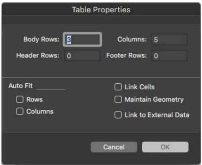 Table Properties Body Rows: 3 Columns: 5 Header Rows: 0 Footer Rows: 0 Auto Fit ____ Rows Columns Link Cells Maintain Geometry Link to External Data Cancel OK
