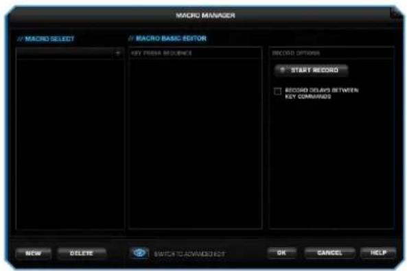 MACRO MANAGER // MACRO SELECT // MACRO BASIC EDITOR Key FRESH SEQUENCE Record Options • START RECORD □ RECORD SELVO BETWEEN Key COMMANDS NEW DELETE SWITCH TO AWD/VEGET OK CANCEL HELP