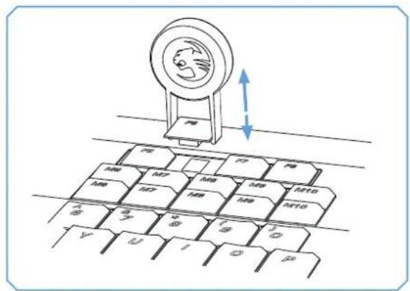 Diagram showing a device mounted on a keyboard with labeled keys and an upward arrow indicating motion or direction.