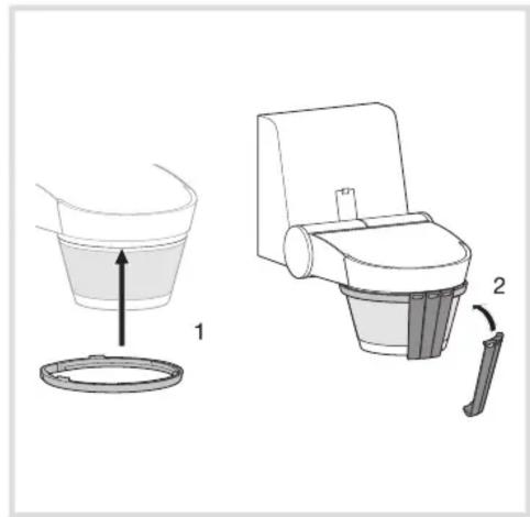 Diagram showing two views of a toilet with a lid and handle, labeled 1 and 2 (no text or symbols present)