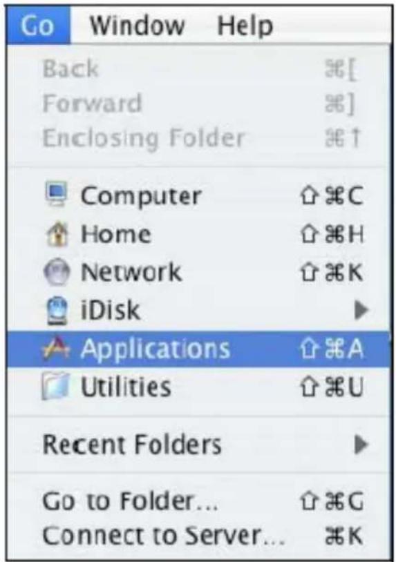 Go Window Help Back ⌘[ Forward ⌘] Enclosing Folder ⌘↑ Computer ⌘C Home ⌘H Network ⌘K iDisk ► Applications ⌘A Utilities ⌘U Recent Folders ► Go to Folder... ⌘G Connect to Server... ⌘K