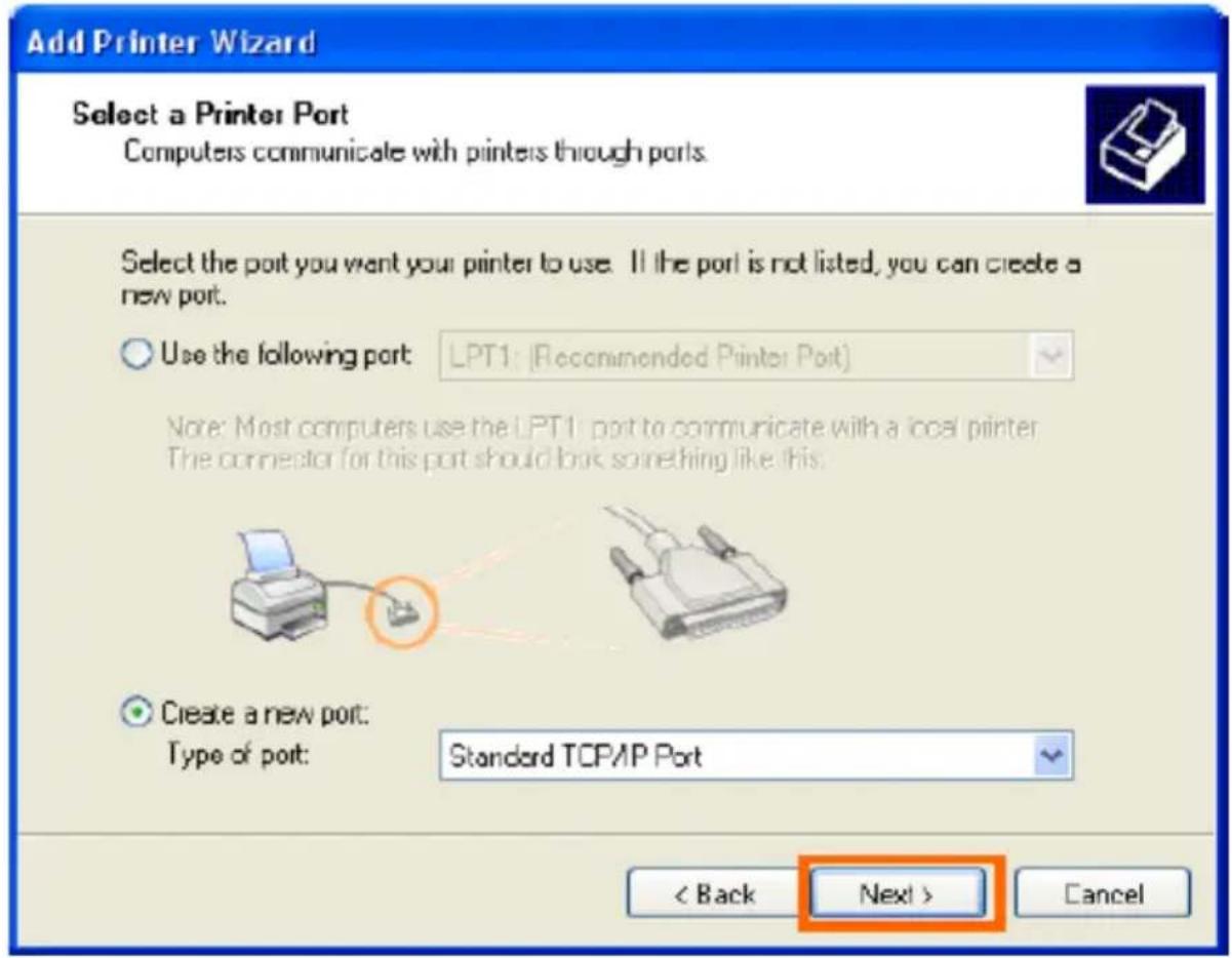 Add Printer Wizard Select a Printer Port Computers communicate with printers through ports. Select the port you want your printer to use. If the port is not listed, you can create a new port. Use the following port: LPT1: [Recommended Printer Port] Note: Most computers use the LPT1 port to communicate with a local printer. The connector for this port should look something like this. Create a new port: Type of port: Standard TCP/IP Port < Back Next > Cancel