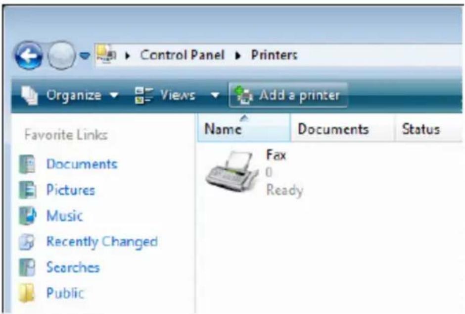 Control Panel ▶ Printers Organize ▶ Views ▶ Add a printer Favorite Links Documents Pictures Music Recently Changed Searches Public Name Documents Status Fax 0 Ready