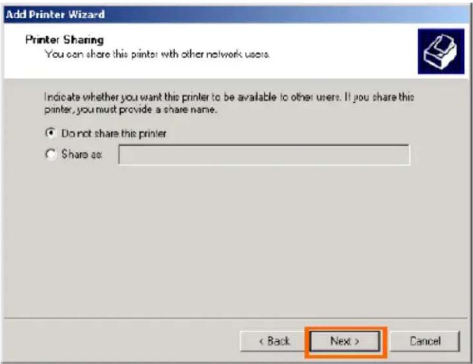 Add Printer Wizard Printer Sharing You can share this printer with other network users. Indicate whether you want this printer to be available to other users. If you share this printer, you must provide a share name. ○ Do not share this printer ○ Share as: < Back Next > Cancel