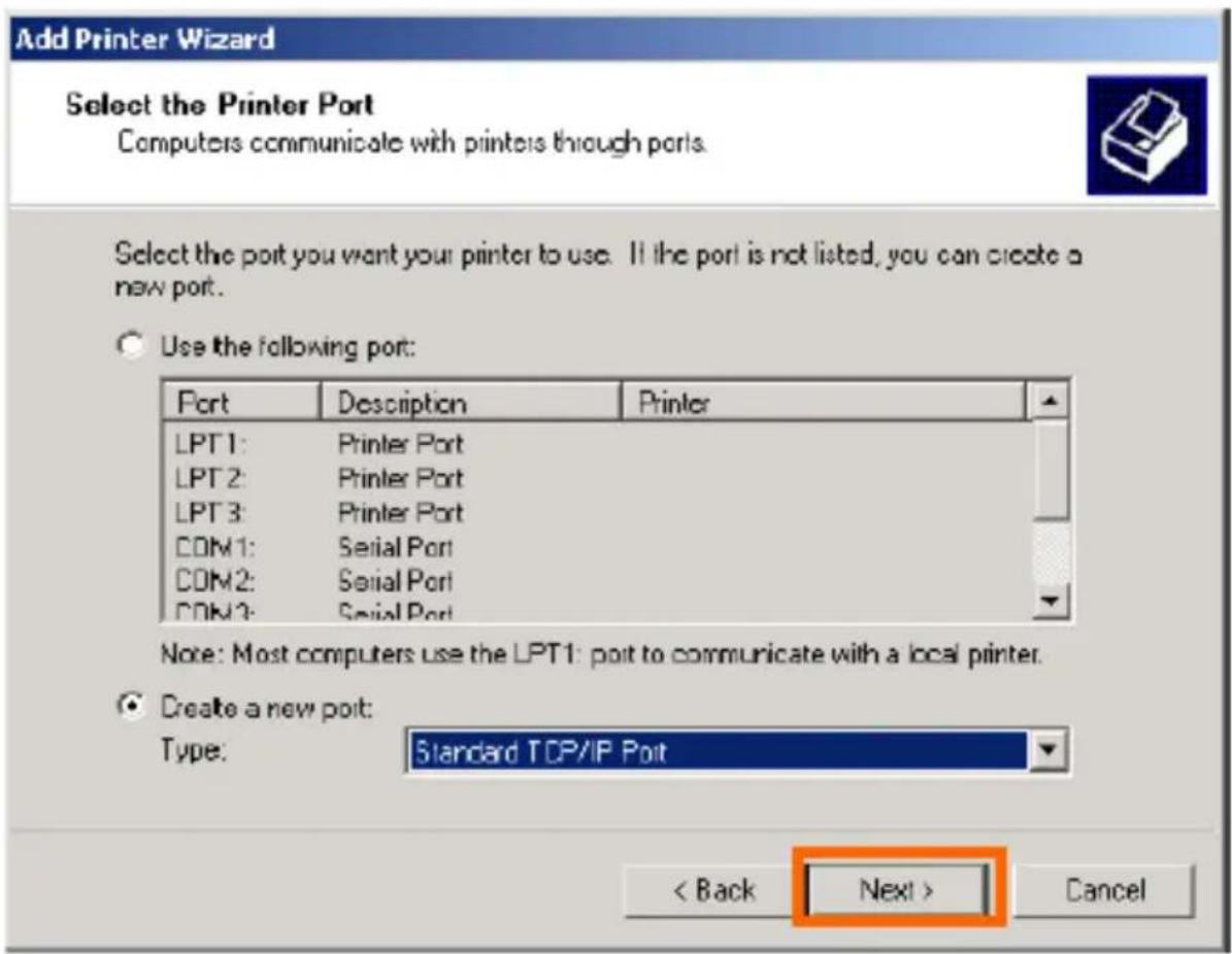 Add Printer Wizard Select the Printer Port Computers communicate with printers through ports. Select the port you want your printer to use. If the port is not listed, you can create a new port. Use the following port: Port Description Printer LPT1: Printer Port LPT2: Printer Port LPT3: Printer Port COM1: Serial Port COM2: Serial Port COM3: Serial Port Note: Most computers use the LPT1: port to communicate with a local printer. Create a new port: Type: Standard TCP/IP Port < Back Next > Cancel