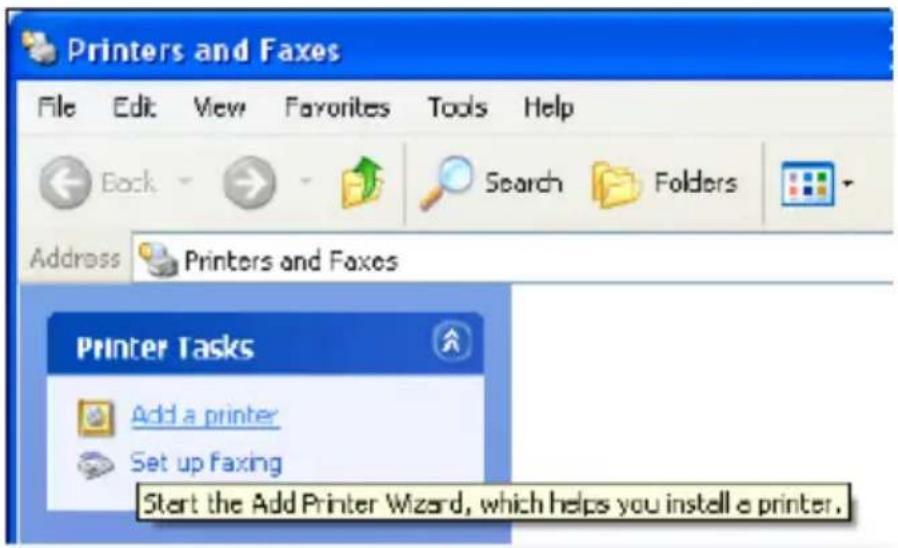Printers and Faxes File Edit View Favorites Tools Help Back Search Folders Address Printers and Faxes Printer Tasks Add a printer Set up faxing Start the Add Printer Wizard, which helps you install a printer.