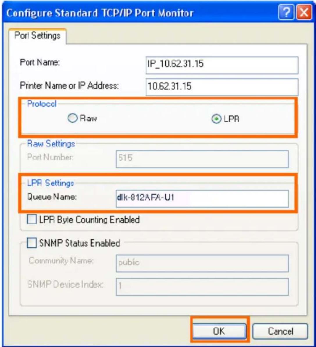Configure Standard TCP/IP Port Monitor Port Settings Port Name: IP_10.62.31.15 Printer Name or IP Address: 10.62.31.15 Protocol Raw LPR Raw Settings Port Number: 515 LPR Settings Queue Name: dllk-812AFA-U1 LPR Byte Counting Enabled SNMP Status Enabled Community Name: public SNMP Device Index: 1 OK Cancel