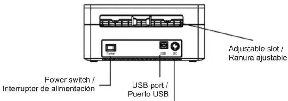Adjustable slot / Ranura ajustable Power switch / Interruptor de alimentación USB port / Puerto USB