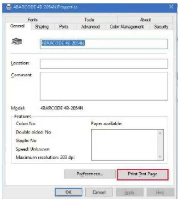 4BARCODE 4B-2054N Properties Fonts Tools About General Sharing Ports Advanced Color Management Security 4BARCODE 4B-2054N Location: Comment: Model: 4BARCODE 4B-2054N Features Color: No Paper available: Double-sided: No Staple: No Speed: Unknown Maximum resolution: 203 dpi Preferences... Print Test Page OK Cancel Apply Help