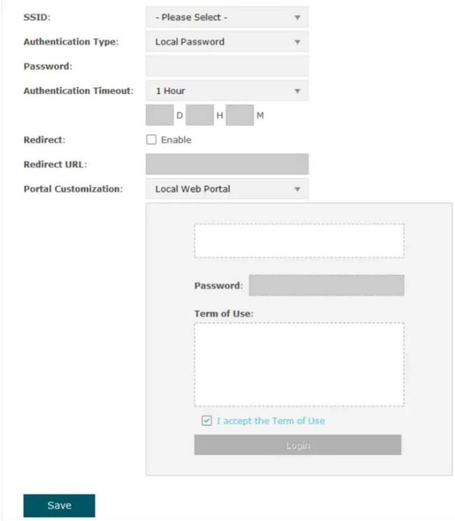SSID: - Please Select - Authentication Type: Local Password Password: Authentication Timeout: 1 Hour Redirect: Enable Redirect URL: Portal Customization: Local Web Portal Password: Term of Use: ✓ I accept the Term of Use Login Save