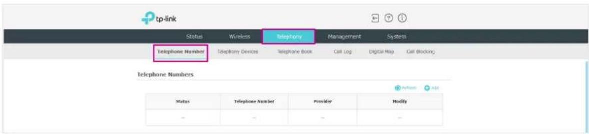 tp-link. Status, Wireless, Telephone, Management, System. Telephone Number, Telephone Devices, Telephone Book, Call Log, Digital Map, Call Blocking. Telephone Numbers. Status, Telephone Number, Provider, Modify. - - - -