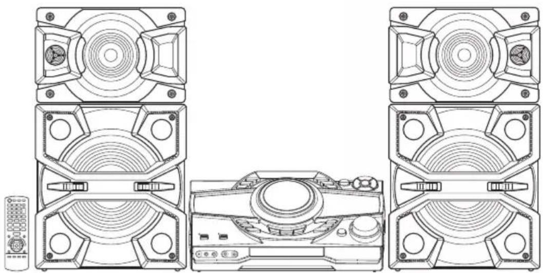 Line drawing of a multi-tiered electronic device with speaker, front panel, and control panel (no text or symbols)