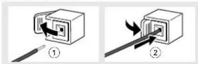Diagram showing two steps of inserting a cable into a connector, labeled ① and ②.