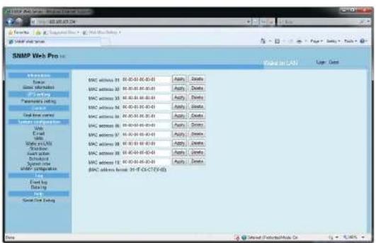 SNMP Web Pro Local in L41 User Cover Mac address 01 00:00:00:00:00 Mac address 02 00:00:00:00:00 Mac address 03 00:00:00:00:00 Mac address 04 00:00:00:00:00 Mac address 05 00:00:00:00:00 Mac address 06 00:00:00:00:00 Mac address 07 00:00:00:00:00 Mac address 08 00:00:00:00:00 Mac address 09 00:00:00:00:00 Mac address 10 00:00:00:00:00 Mac address format 35-F-C-G-C-TV-63 Event log Dating Event log General Log Date Send a Protocol/Note On + - + -
