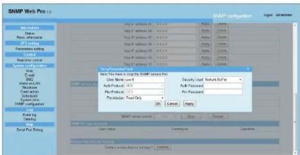 SNMP Web Pro 1.0 SNMP Configuration User Name: user1 Security Level: Nuts/Not/Per User Name: user1 Perforant: user1 Perforant: user1 OK Cancel Apply SNMP Service List User Name Expression Operation