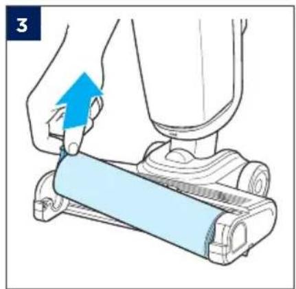 Illustration of a hand using a blue arrow to press a light blue roller on a mechanical device (no text or symbols)
