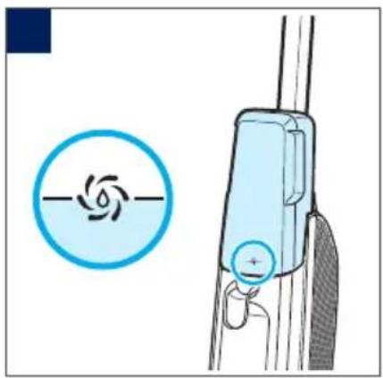 Diagram showing a blue circular icon with a spiral symbol and a light blue mechanical device with a plus button (no text or labels)