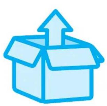 Blue line icon of an open box with an upward arrow, symbolizing upload or delivery (no text or symbols)